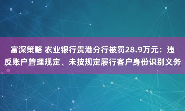 富深策略 农业银行贵港分行被罚28.9万元:违反账户管理规定、未按规定履行客户身份识别义务